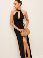 Şık Flora Halter Kesim Yırtmaçlı Etek Takımı