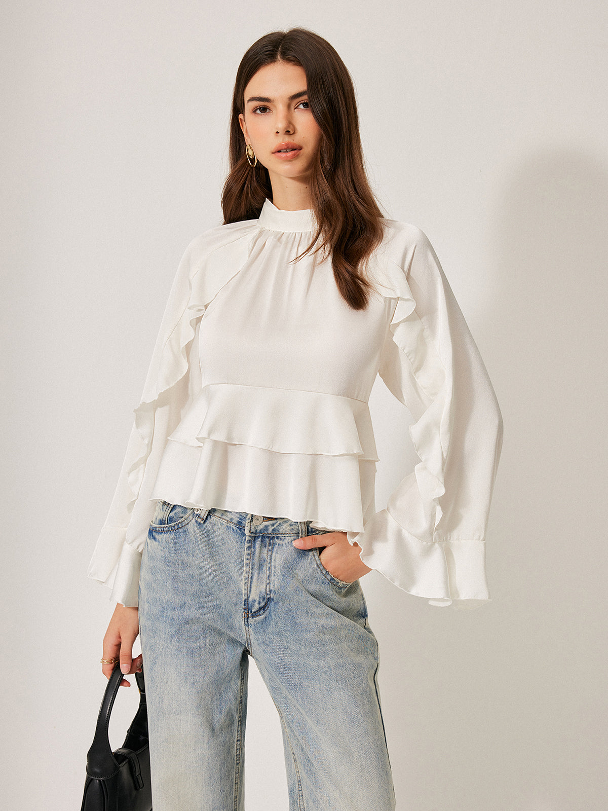 Şık Düğme Detaylı Stand Yaka Volanlı Peplum Bluz
