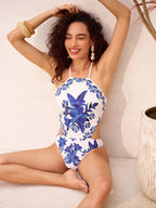 Şık Çiçek Desenli Bağlamalı Tek Parça Mayo ve Şık Etekli Kapatıcı