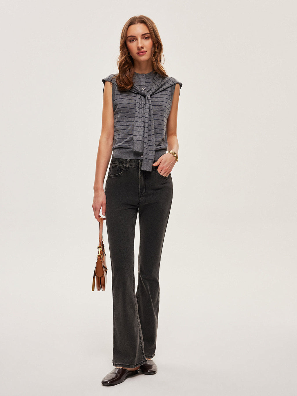 Şık 2'si 1 Arada Çizgili Düğmeli Kemerli Kolsuz Süveter