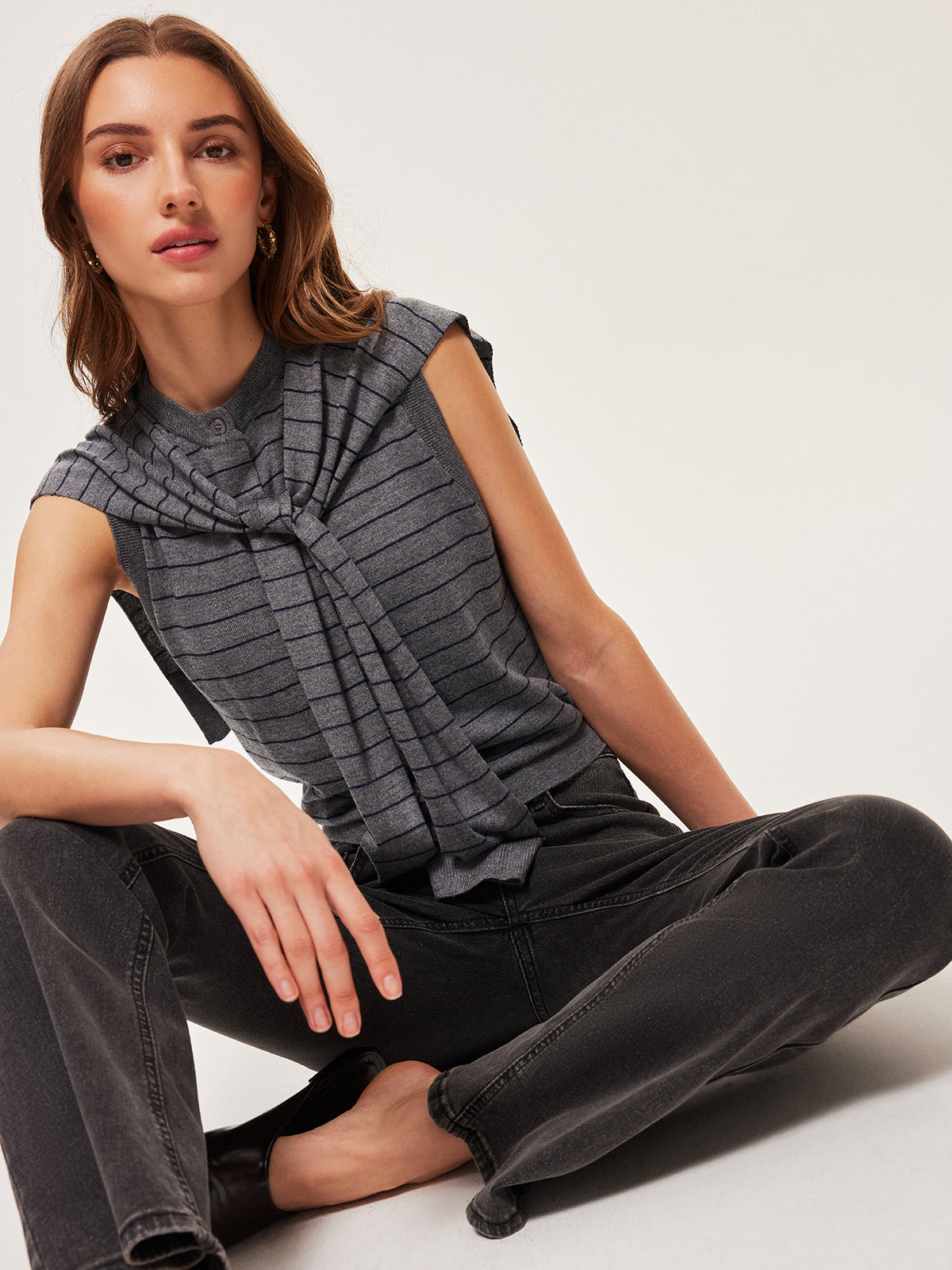 Şık 2'si 1 Arada Çizgili Düğmeli Kemerli Kolsuz Süveter