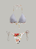 Çiçek Desenli Düğmeli Bikini Takımı Parlak Bir Görünüm İçin