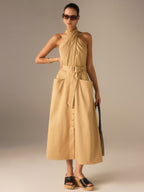 Pamuklu Pileli Halter Yaka Kemerli Midi Elbise