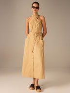 Pamuklu Pileli Halter Yaka Kemerli Midi Elbise