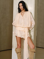 Yarı Şeffaf Katmanlı Drapeli Bağcıklı Mini Elbise