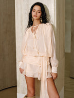 Yarı Şeffaf Katmanlı Drapeli Bağcıklı Mini Elbise