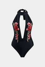 Nakış Detaylı Büzgülü Bağlamalı Sırt Dekolteli Bodysuit