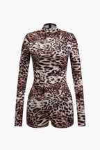 Leopar Desenli Uzun Kollu Bodycon Tulum