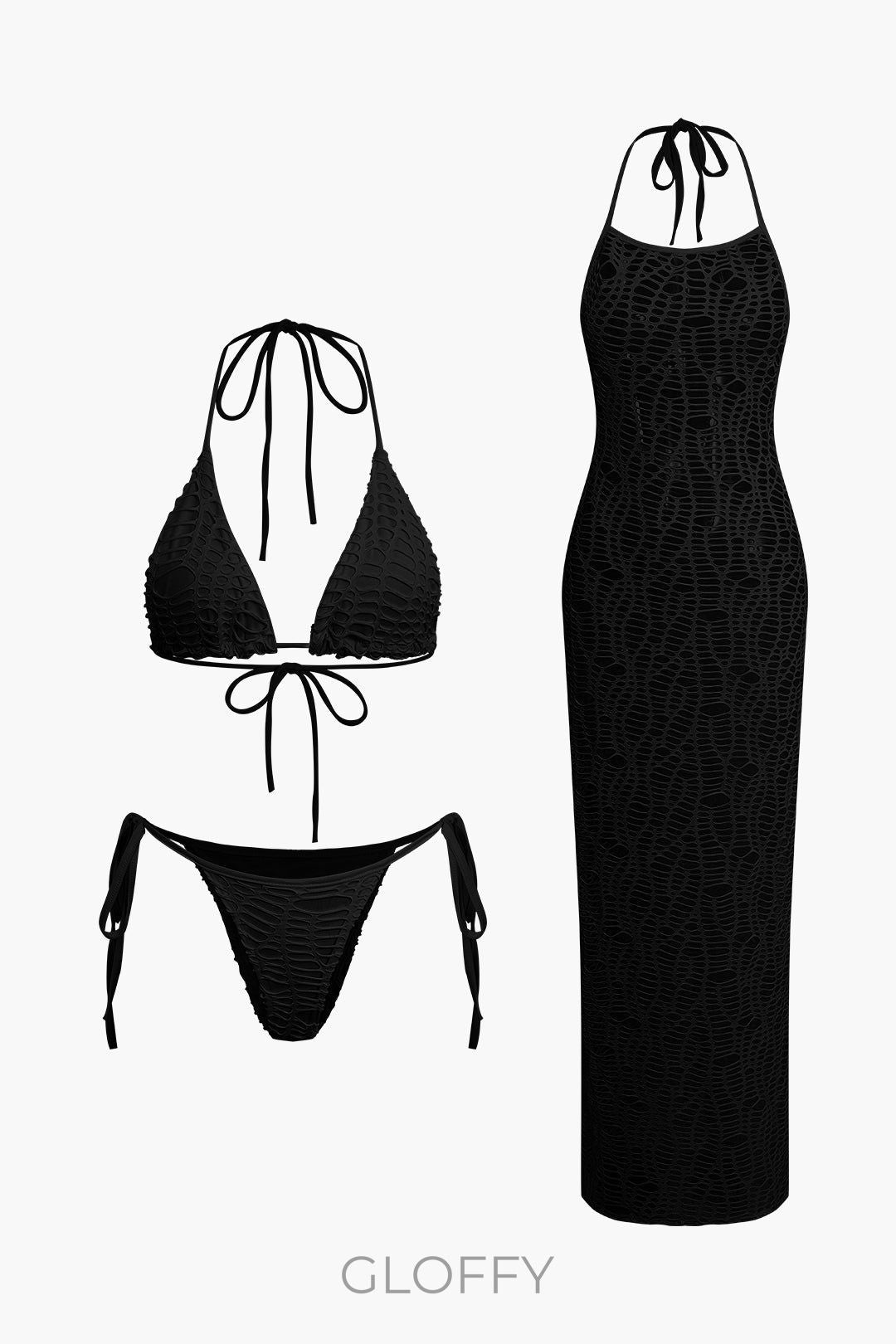 Dokulu Boyundan Bağlamalı Bikini Ve Açık Örgü Örtü Takımı