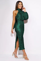 Judith Sequins Halter Yaka Asimetri Midi Elbise