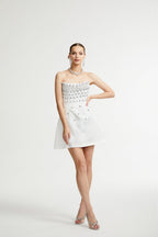 Radiance Elegance Beyaz Taş İşlemeli Straplez Mini Elbise
