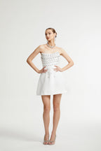 Radiance Elegance Beyaz Taş İşlemeli Straplez Mini Elbise