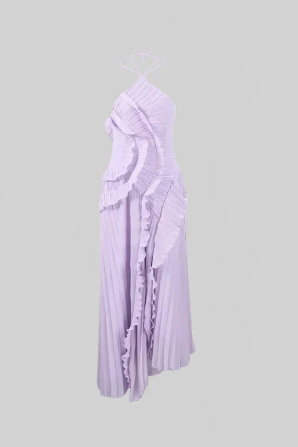 Fırfır Detaylı Pileli Halter Midi Elbise