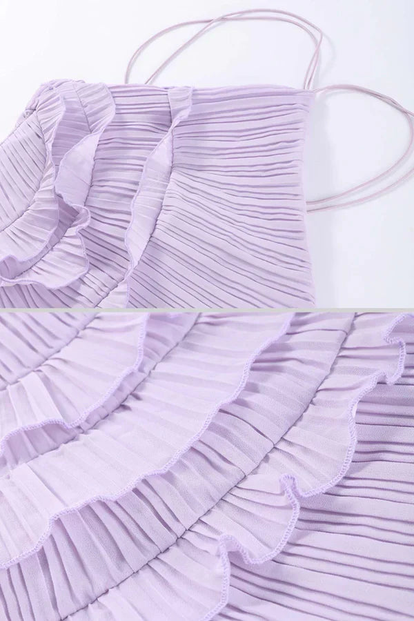 Fırfır Detaylı Pileli Halter Midi Elbise
